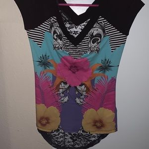 Bebe Swarovski Rhinestone Black Lace Back*Floral Pattern Shirt*New w/Tags! Small